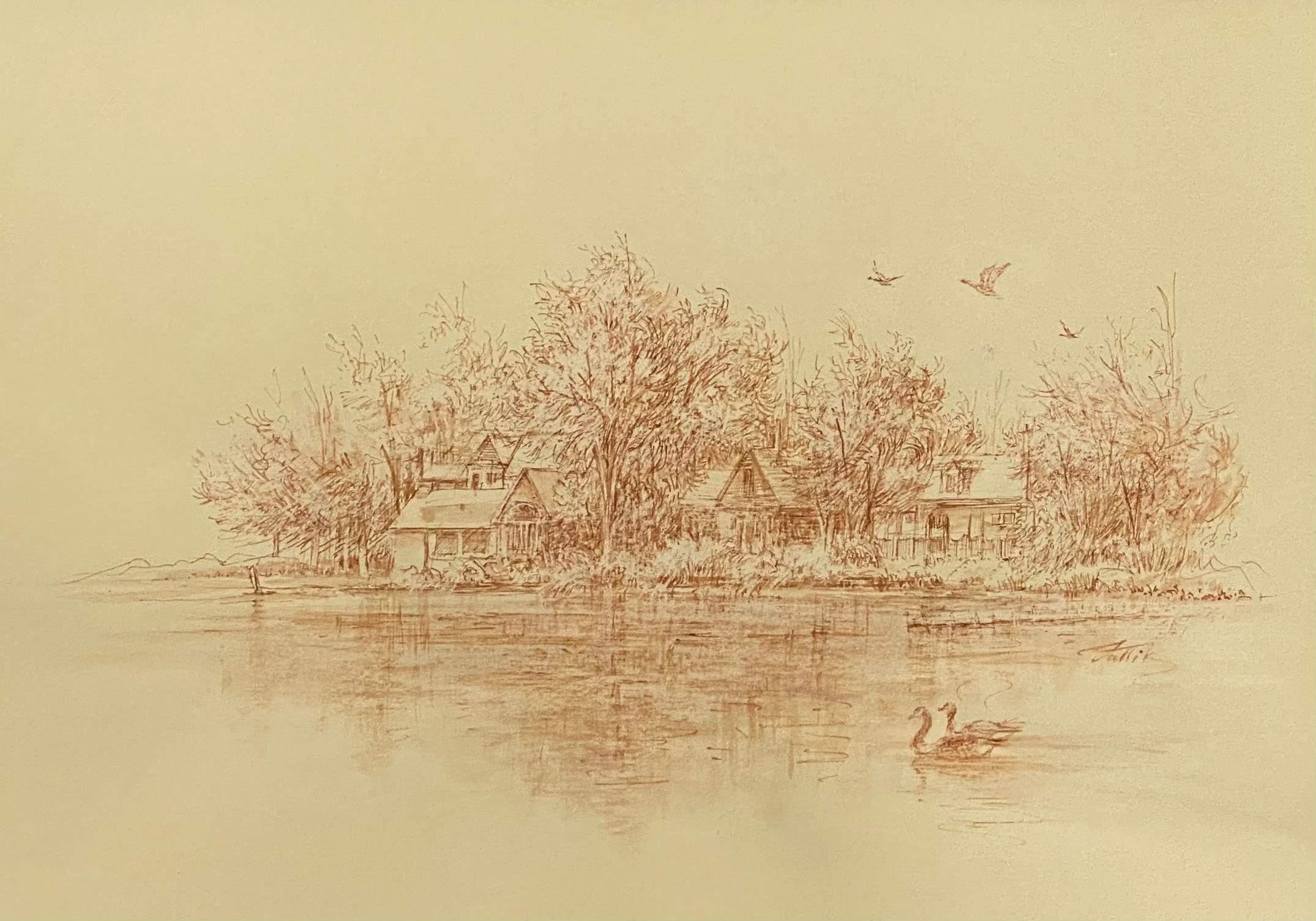 Washington Park, with two Geese – Quill Pen & Ink Wash